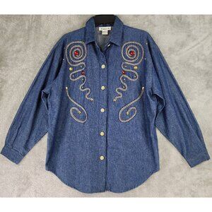 Rafael Shirt Womens Medium Denim Button Up Long Sleeve Embellishments Vintage
